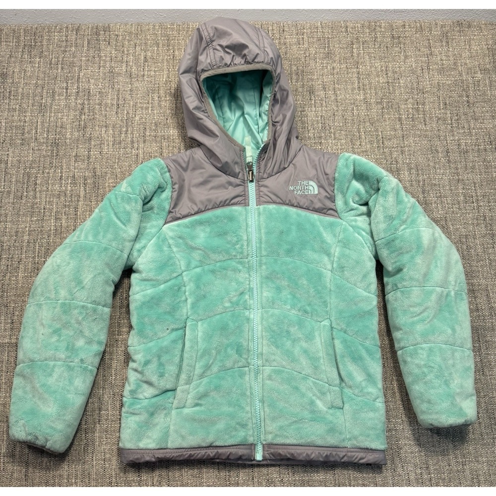 North Face Jacket Girls XL Green Fuzzy Reversible Hooded‎ Colorblock Windbreaker
